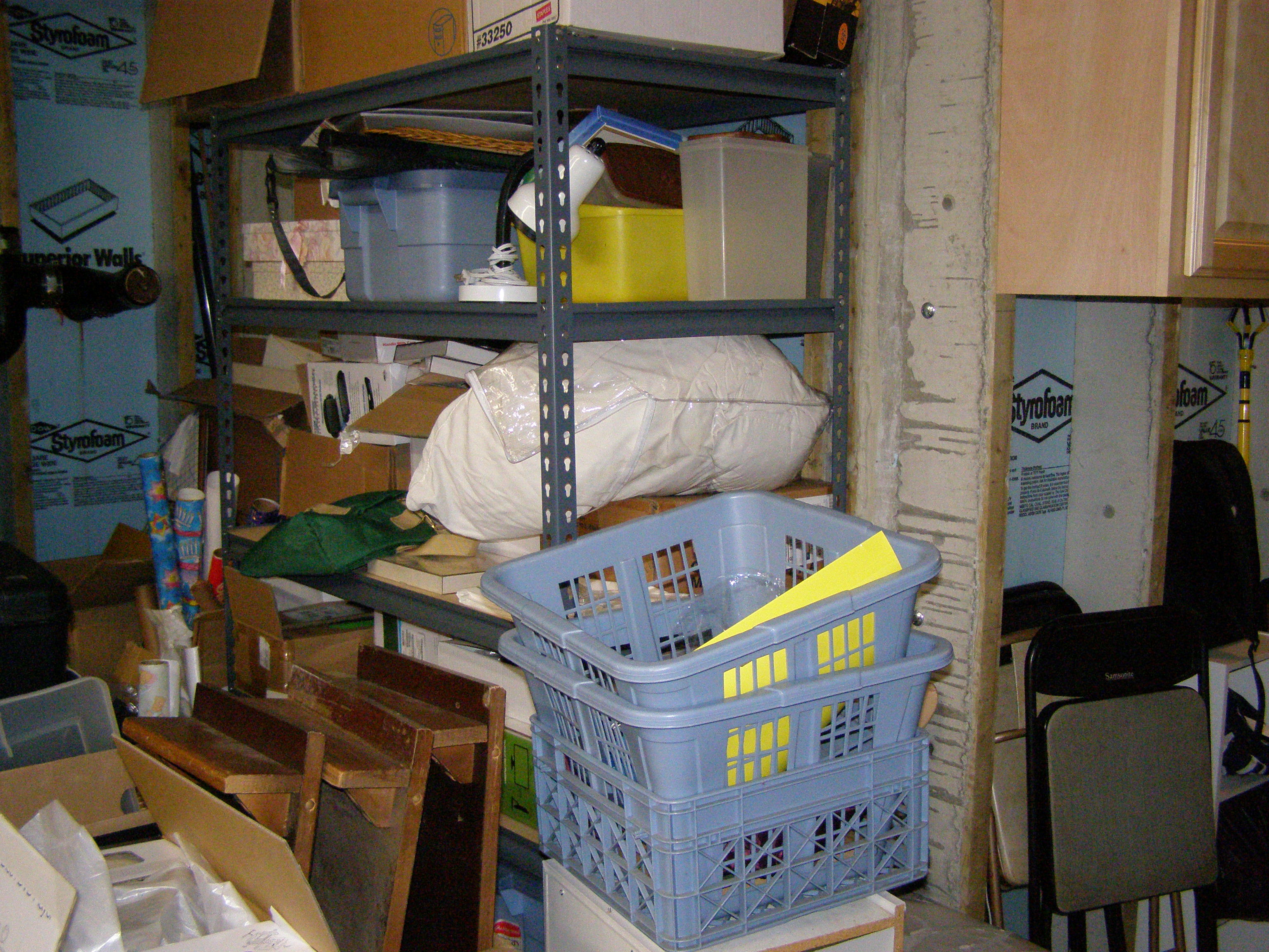 Overstuffed Storage Shelves on Right Side